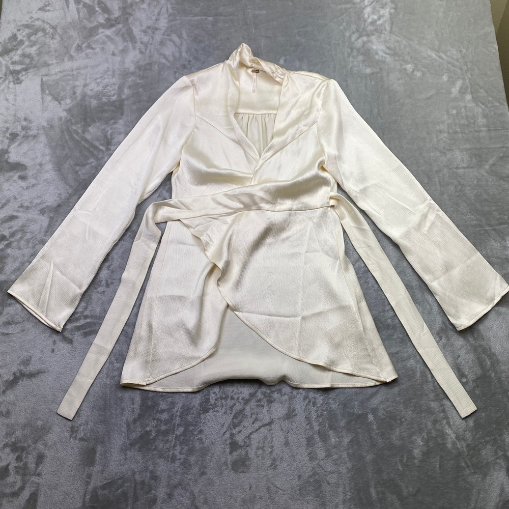 Free People Harley Wrap XS Ivory Long Sleeve Blouse Top Tie Waist Bohemian Chic